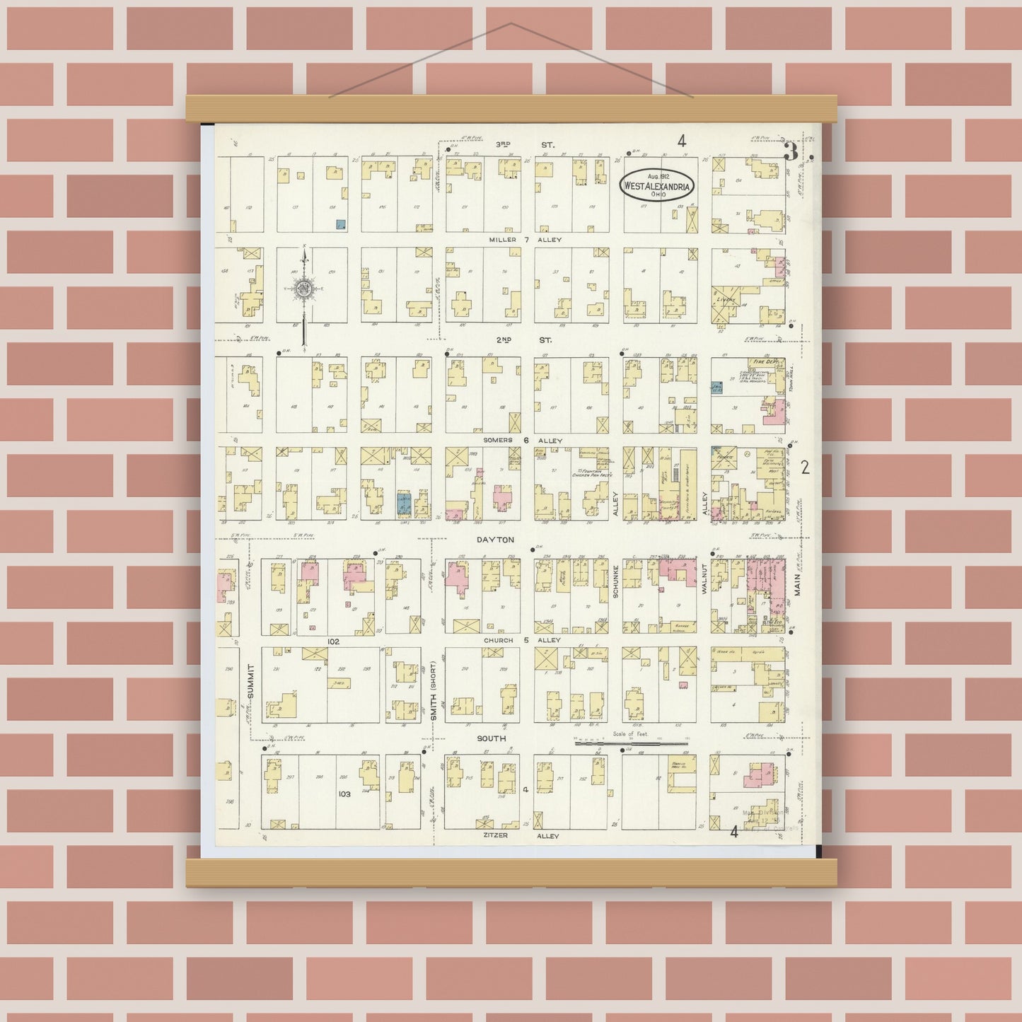 Old map wall art mockup — magnetic wood frame on brick wall — Sanborn Fire Insurance Map from West Alexandria, Preble County, Ohio (1912), Sheet #0003