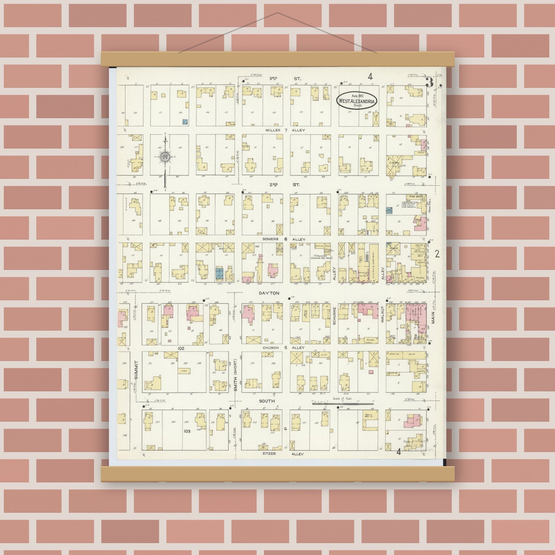 Old map wall art mockup — magnetic wood frame on brick wall — Sanborn Fire Insurance Map from West Alexandria, Preble County, Ohio (1912), Sheet #0003