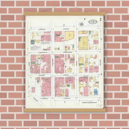 Old map wall art mockup — magnetic wood frame on brick wall — Sanborn Fire Insurance Map from Huntington, Huntington County, Indiana (1904), Sheet #0007