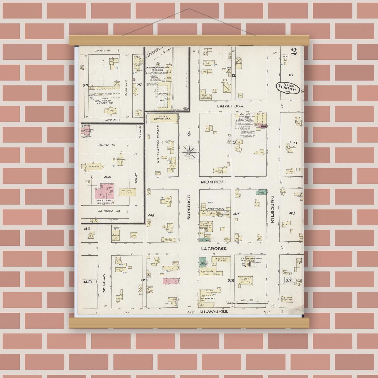 Old map wall art mockup — magnetic wood frame on brick wall — Sanborn Fire Insurance Map from Tomah, Monroe County, Wisconsin (1885), Sheet #0002