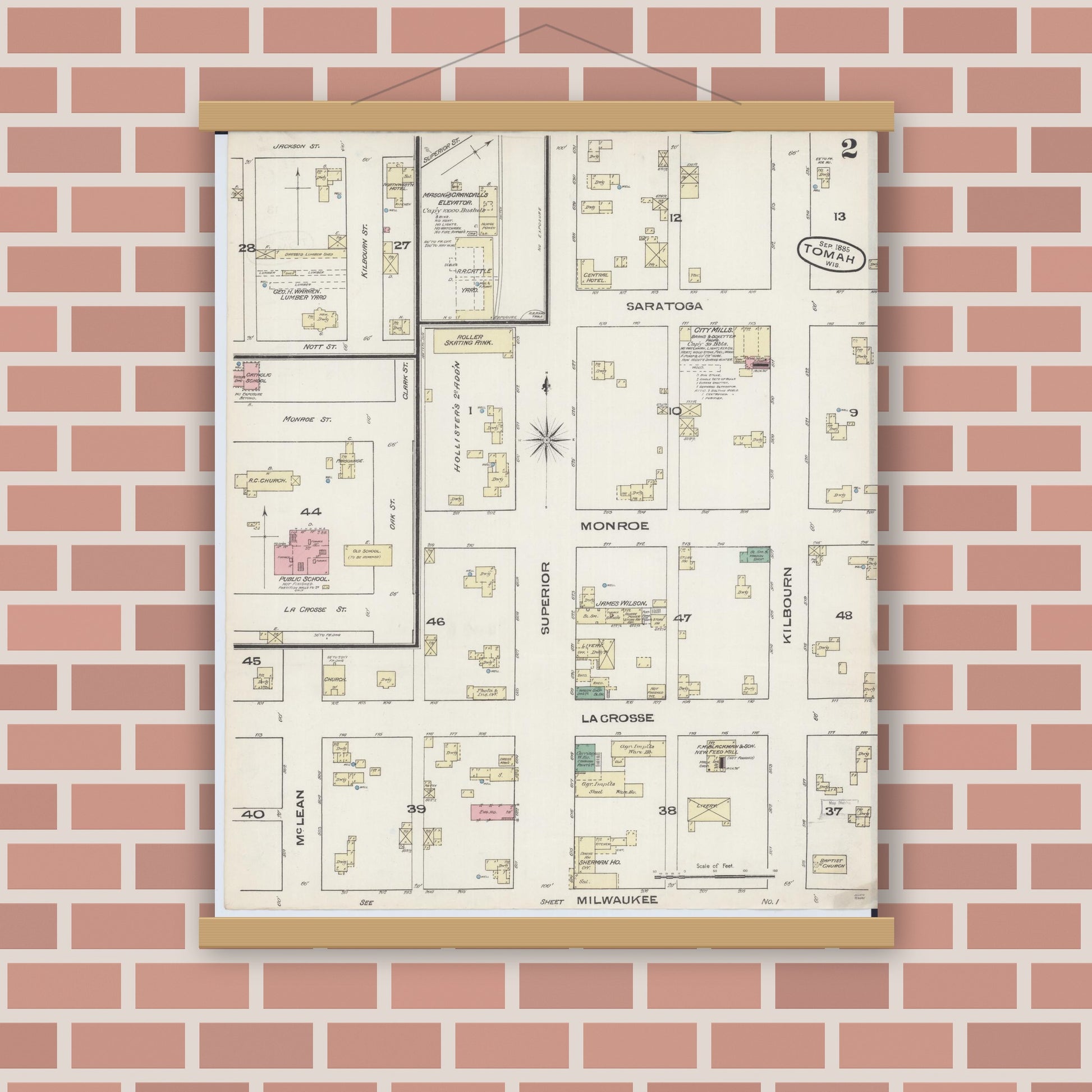Old map wall art mockup — magnetic wood frame on brick wall — Sanborn Fire Insurance Map from Tomah, Monroe County, Wisconsin (1885), Sheet #0002