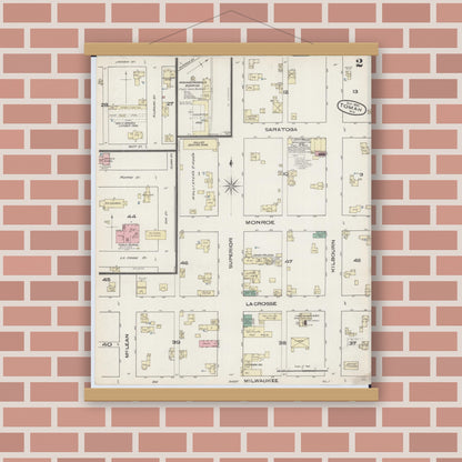 Old map wall art mockup — magnetic wood frame on brick wall — Sanborn Fire Insurance Map from Tomah, Monroe County, Wisconsin (1885), Sheet #0002