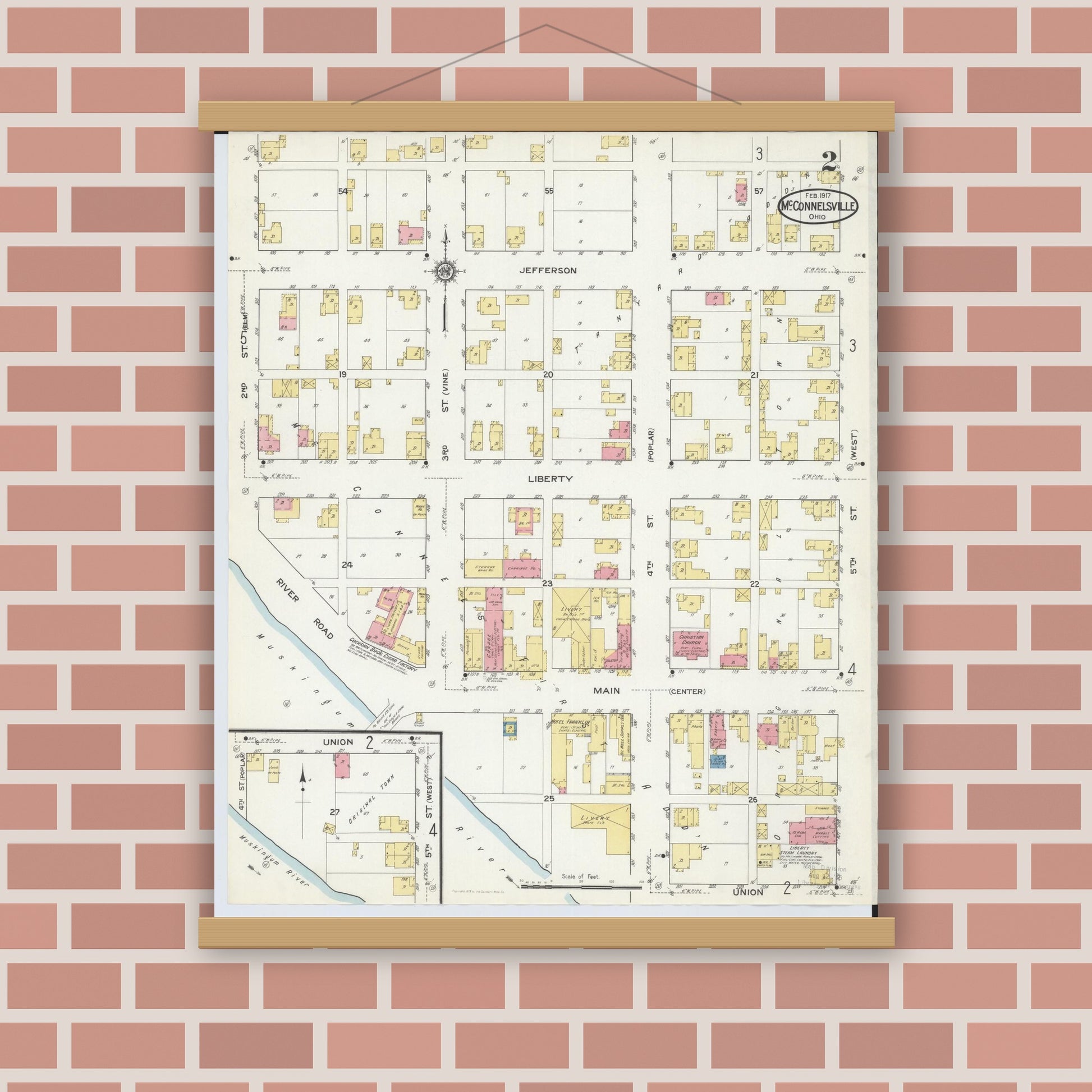 Old map wall art mockup — magnetic wood frame on brick wall — Sanborn Fire Insurance Map from McConnelsville, Morgan County, Ohio (1917), Sheet #0002