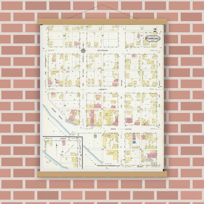 Old map wall art mockup — magnetic wood frame on brick wall — Sanborn Fire Insurance Map from McConnelsville, Morgan County, Ohio (1917), Sheet #0002