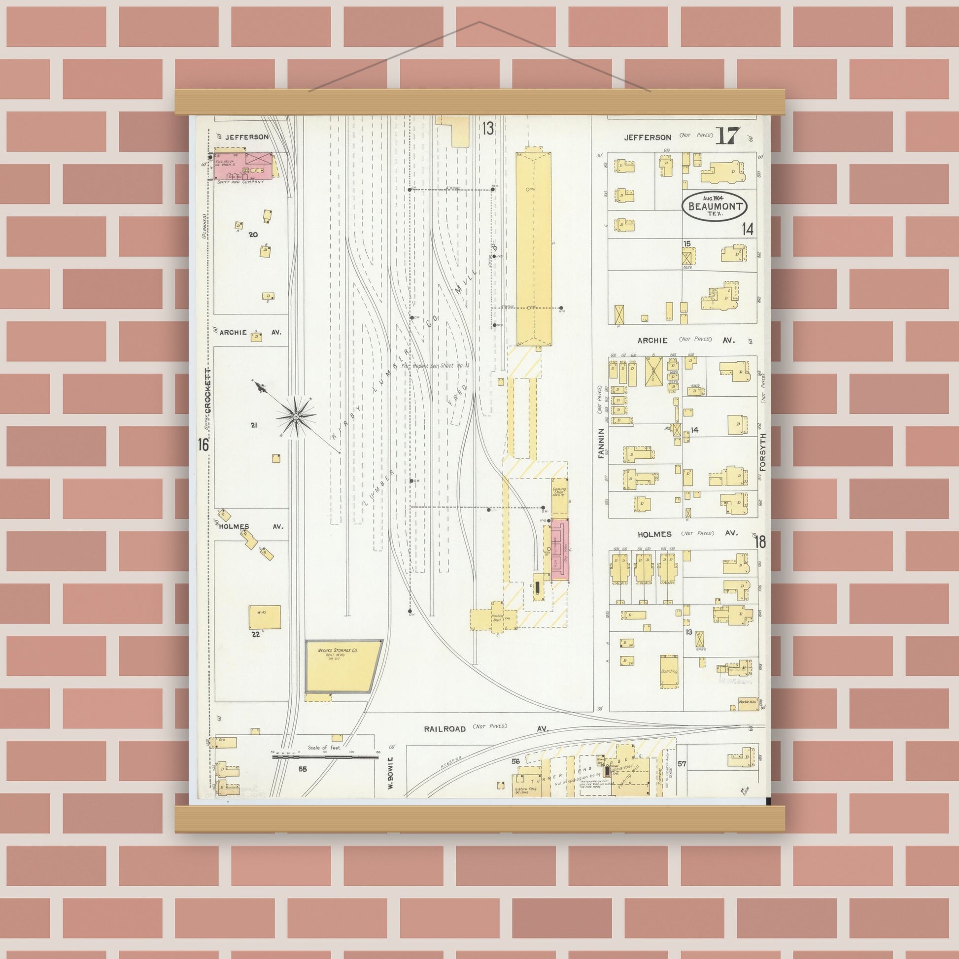 Old map wall art mockup — magnetic wood frame on brick wall — Sanborn Fire Insurance Map from Beaumont, Jefferson County, Texas (1904), Sheet #0017