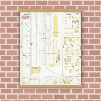 Old map wall art mockup — magnetic wood frame on brick wall — Sanborn Fire Insurance Map from Beaumont, Jefferson County, Texas (1904), Sheet #0017