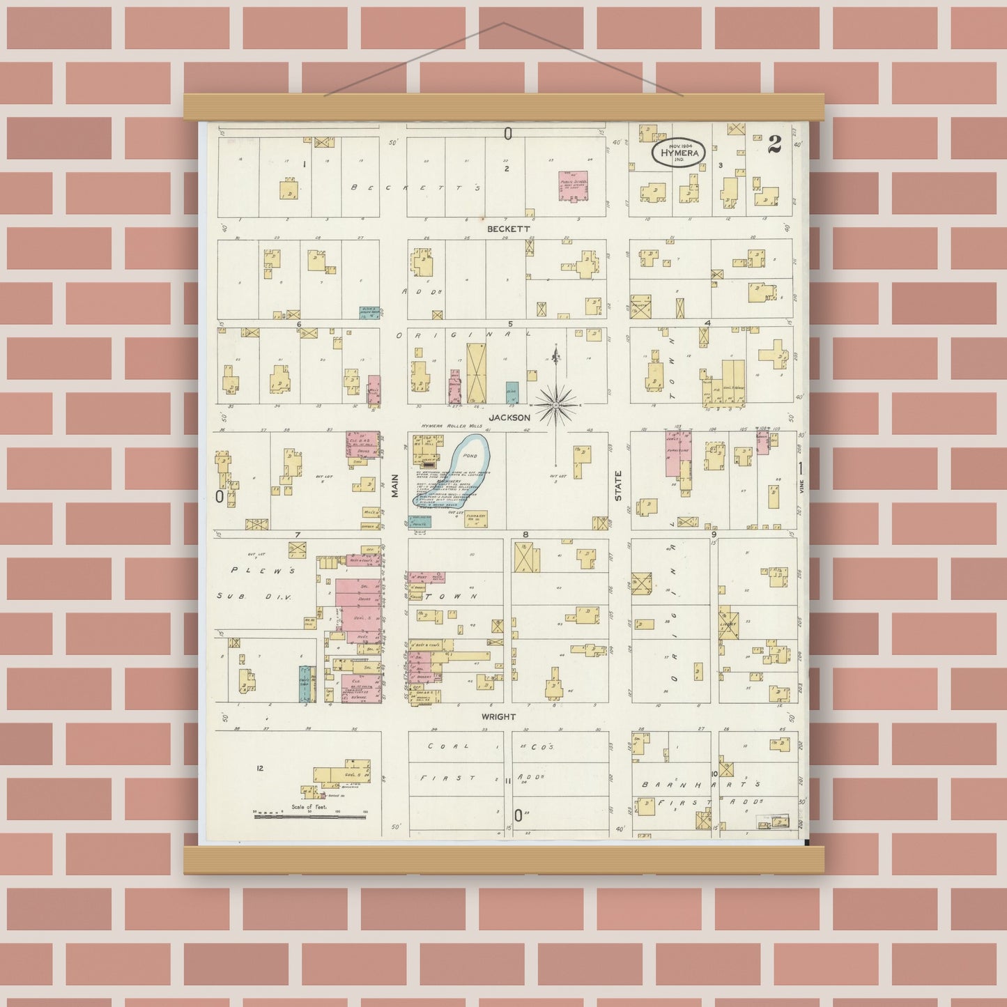 Old map wall art mockup — magnetic wood frame on brick wall — Sanborn Fire Insurance Map from Hymera, Sullivan County, Indiana (1904), Sheet #0002