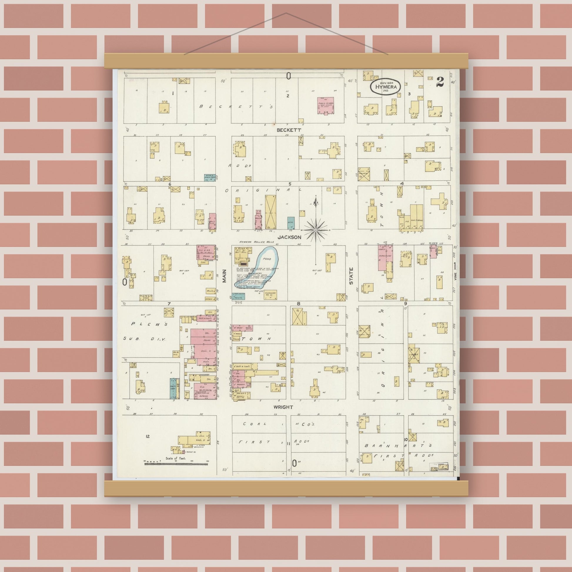 Old map wall art mockup — magnetic wood frame on brick wall — Sanborn Fire Insurance Map from Hymera, Sullivan County, Indiana (1904), Sheet #0002