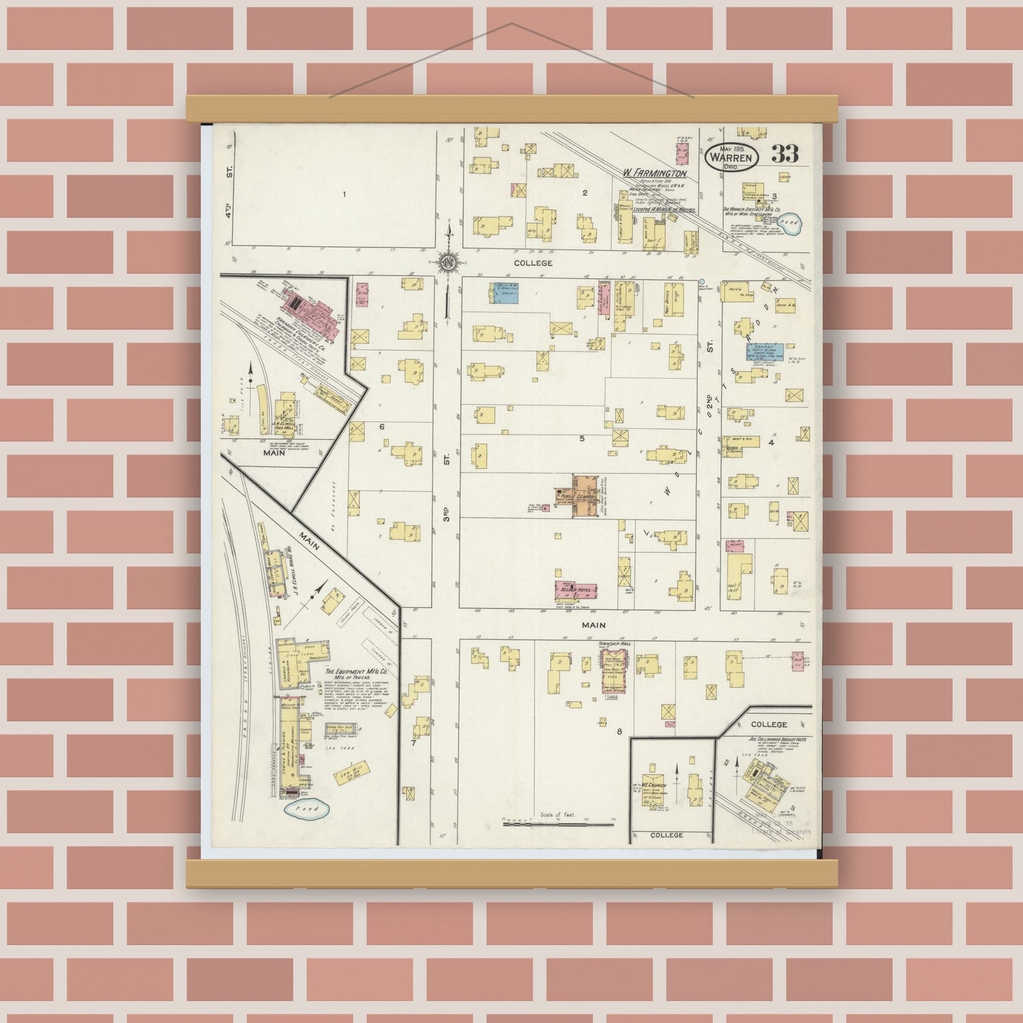 Old map wall art mockup — magnetic wood frame on brick wall — Sanborn Fire Insurance Map from Warren, Trumbull County, Ohio (1915), Sheet #0033