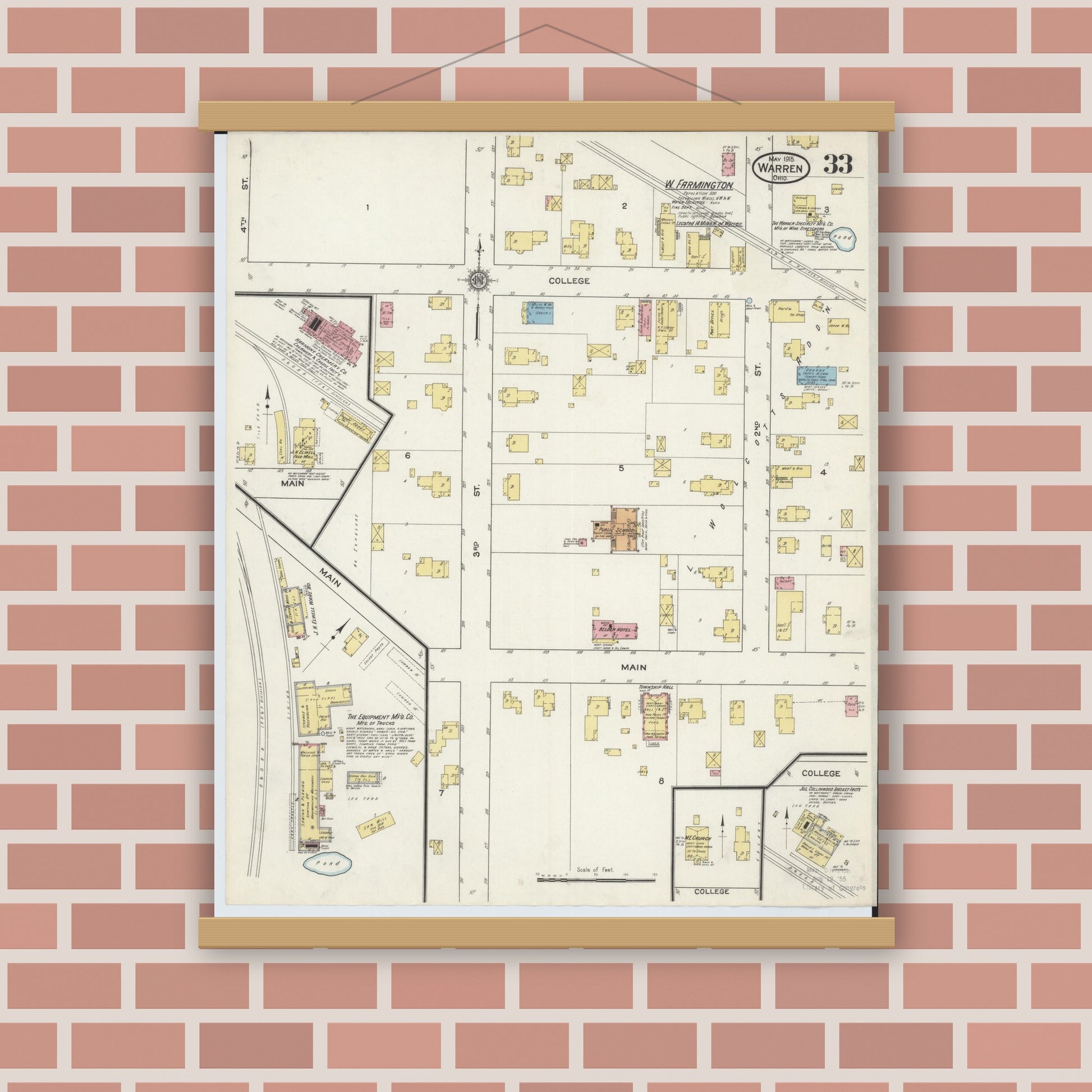 Old map wall art mockup — magnetic wood frame on brick wall — Sanborn Fire Insurance Map from Warren, Trumbull County, Ohio (1915), Sheet #0033
