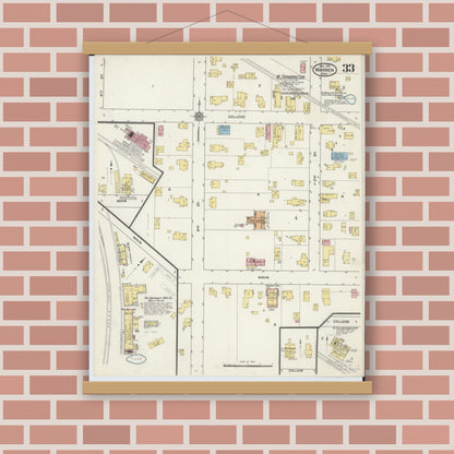 Old map wall art mockup — magnetic wood frame on brick wall — Sanborn Fire Insurance Map from Warren, Trumbull County, Ohio (1915), Sheet #0033