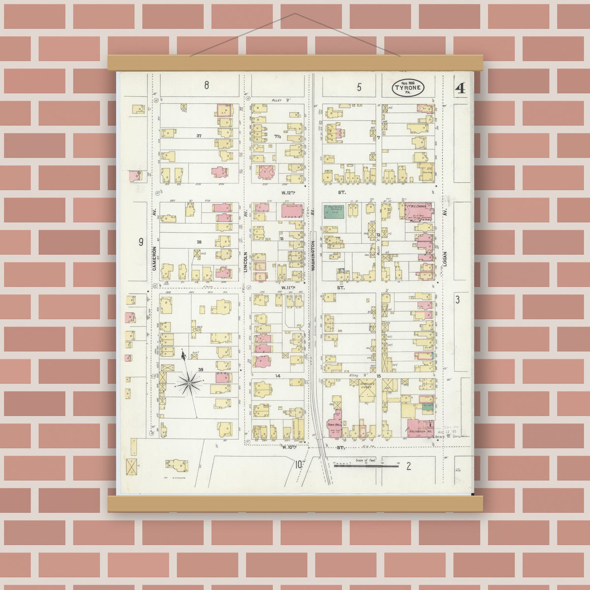 Old map wall art mockup — magnetic wood frame on brick wall — Sanborn Fire Insurance Map from Tyrone, Blair County, Pennsylvania (1906), Sheet #0004