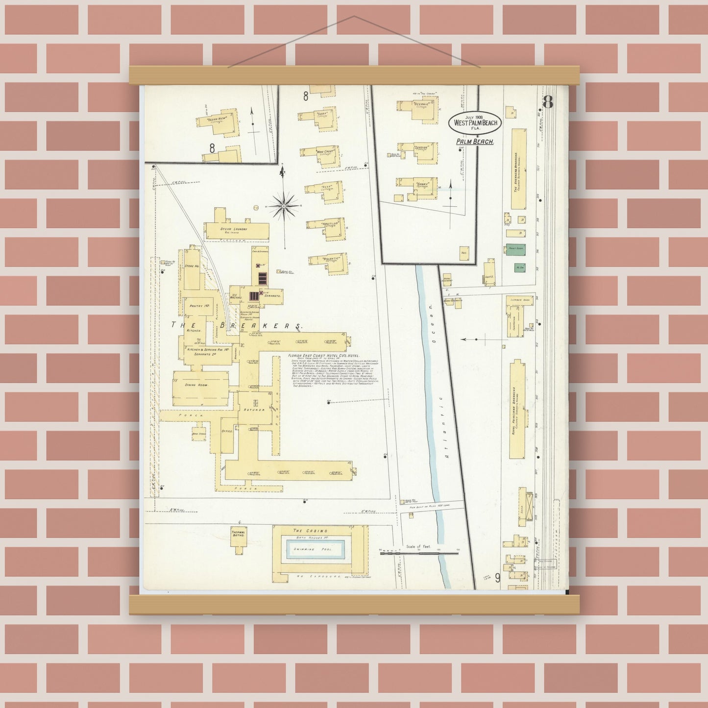 Old map wall art mockup — magnetic wood frame on brick wall — Sanborn Fire Insurance Map from West Palm Beach, Dade County, Florida (1908), Sheet #0008