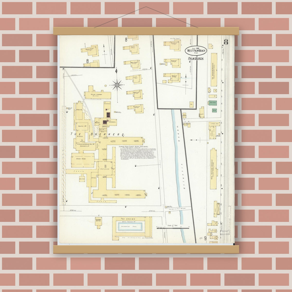 Old map wall art mockup — magnetic wood frame on brick wall — Sanborn Fire Insurance Map from West Palm Beach, Dade County, Florida (1908), Sheet #0008