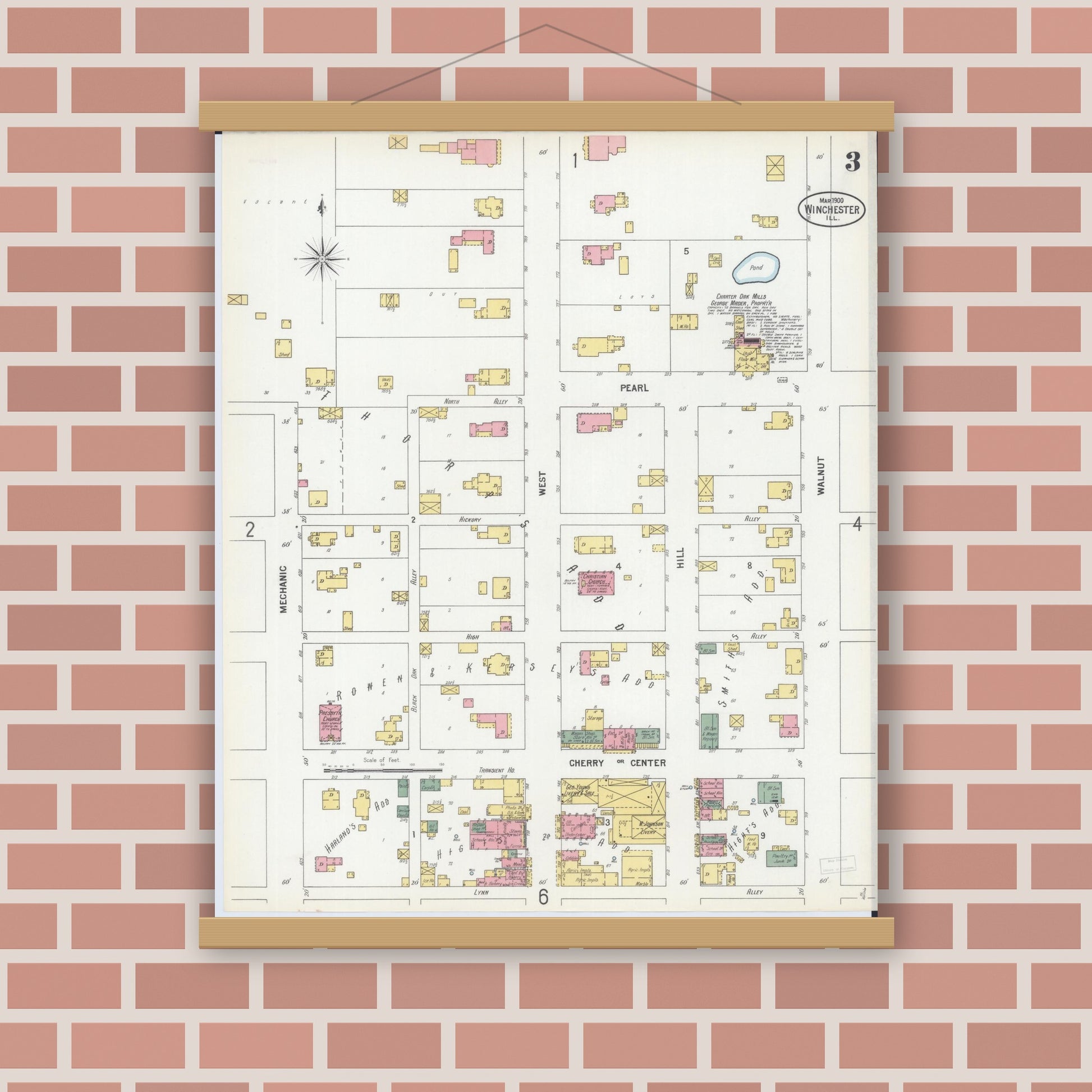 Old map wall art mockup — magnetic wood frame on brick wall — Sanborn Fire Insurance Map from Winchester, Scott County, Illinois (1900), Sheet #0003