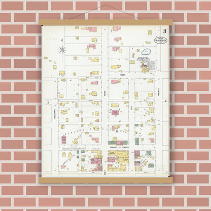 Old map wall art mockup — magnetic wood frame on brick wall — Sanborn Fire Insurance Map from Winchester, Scott County, Illinois (1900), Sheet #0003