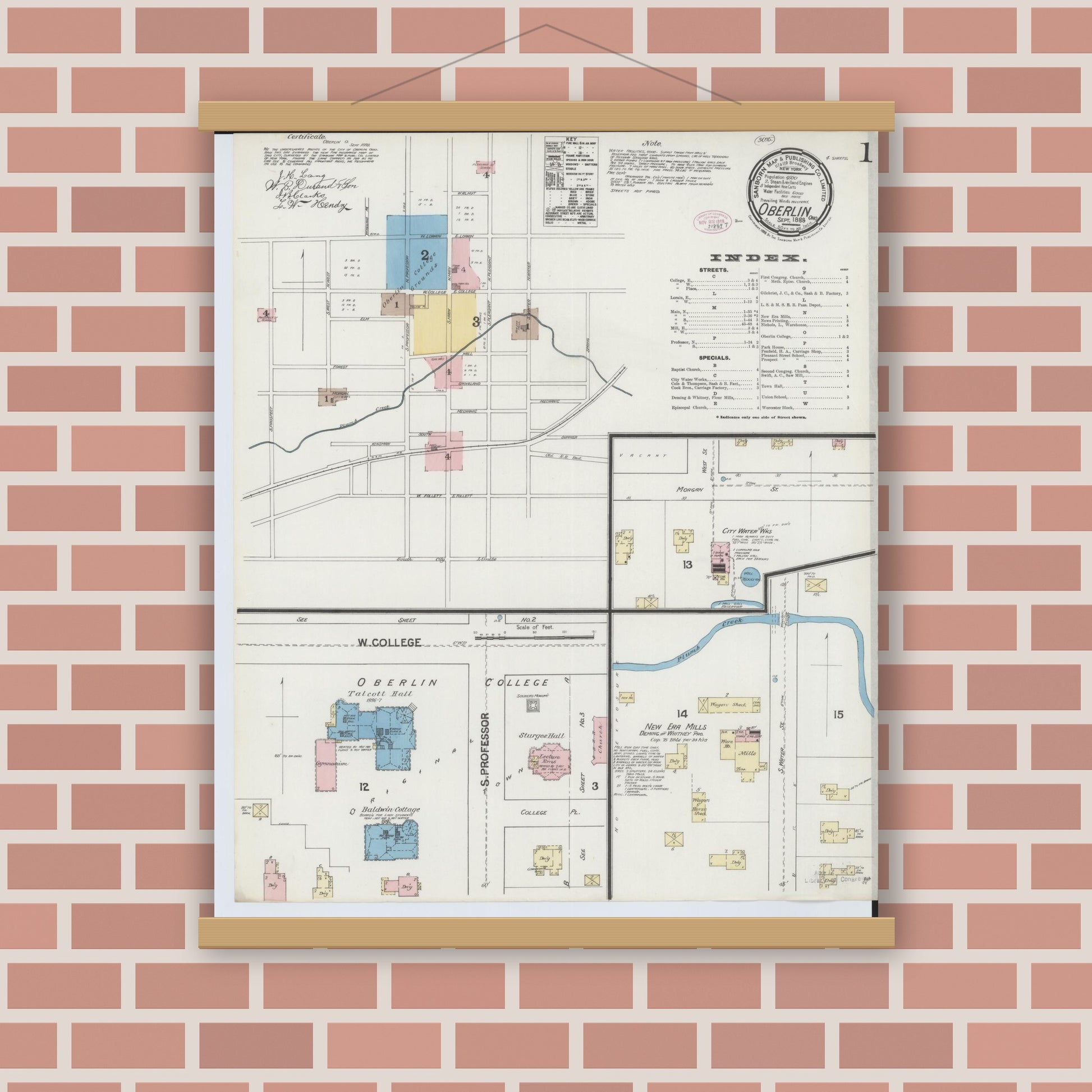 Old map wall art mockup — magnetic wood frame on brick wall — Sanborn Fire Insurance Map from Oberlin, Lorain County, Ohio (1888) - Complete Map Set