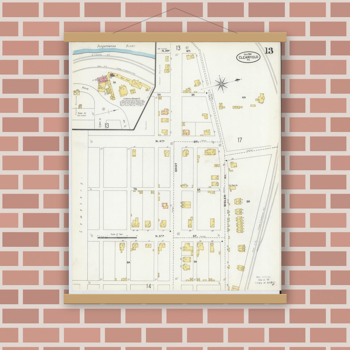 Old map wall art mockup — magnetic wood frame on brick wall — Sanborn Fire Insurance Map from Clearfield, Clearfield County, Pennsylvania (1904), Sheet #0013