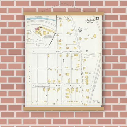 Old map wall art mockup — magnetic wood frame on brick wall — Sanborn Fire Insurance Map from Clearfield, Clearfield County, Pennsylvania (1904), Sheet #0013