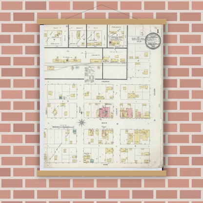 Old map wall art mockup — magnetic wood frame on brick wall — Sanborn Fire Insurance Map from Cass City, Tuscola County, Michigan (1894), Sheet #0001