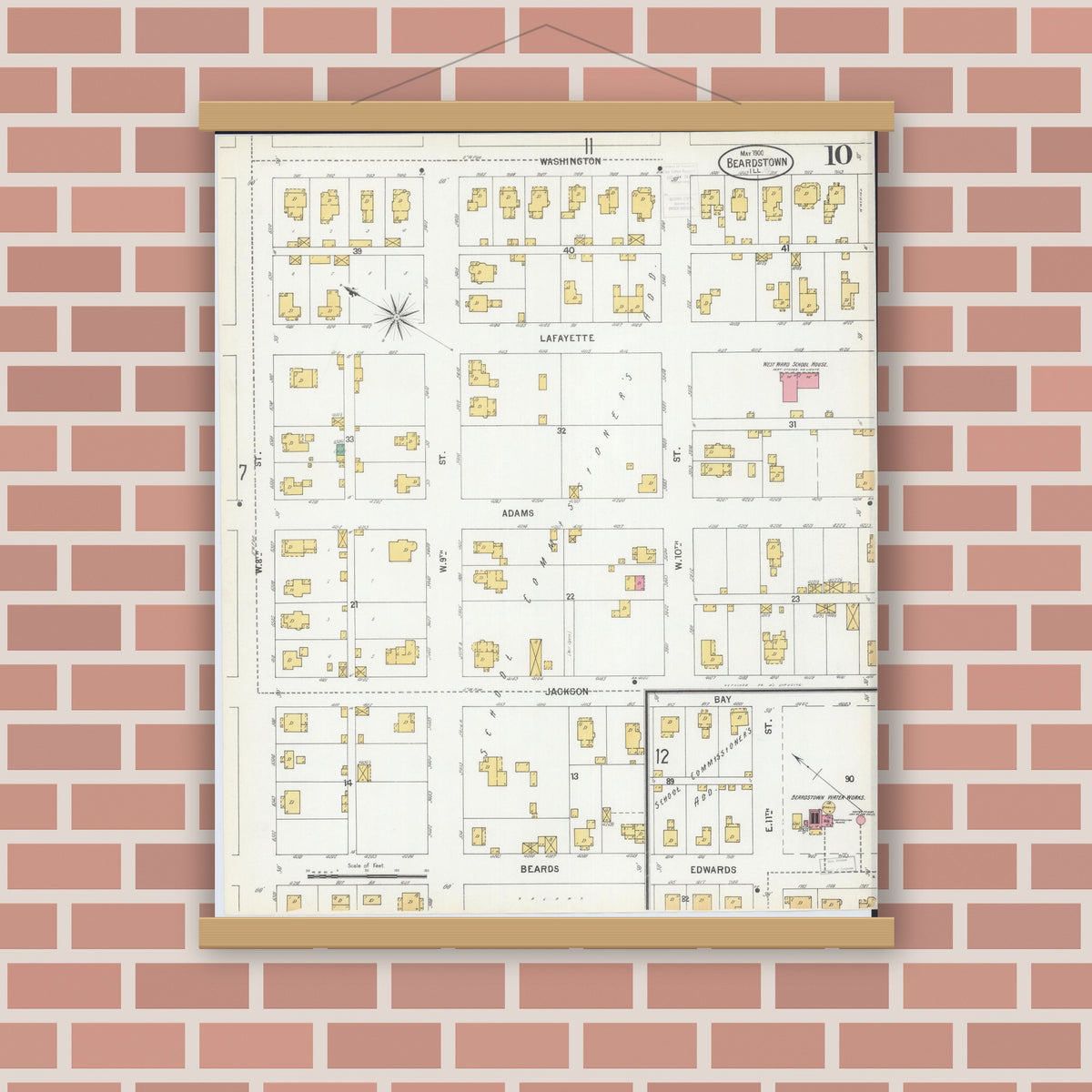 Old map wall art mockup — magnetic wood frame on brick wall — Sanborn Fire Insurance Map from Beardstown, Cass County, Illinois (1900), Sheet #0010