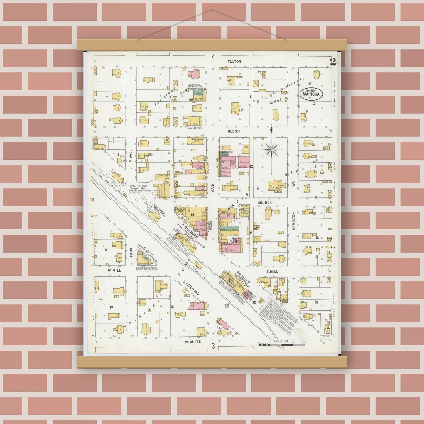 Old map wall art mockup — magnetic wood frame on brick wall — Sanborn Fire Insurance Map from Marissa, Saint Clair County, Illinois (1900), Sheet #0002