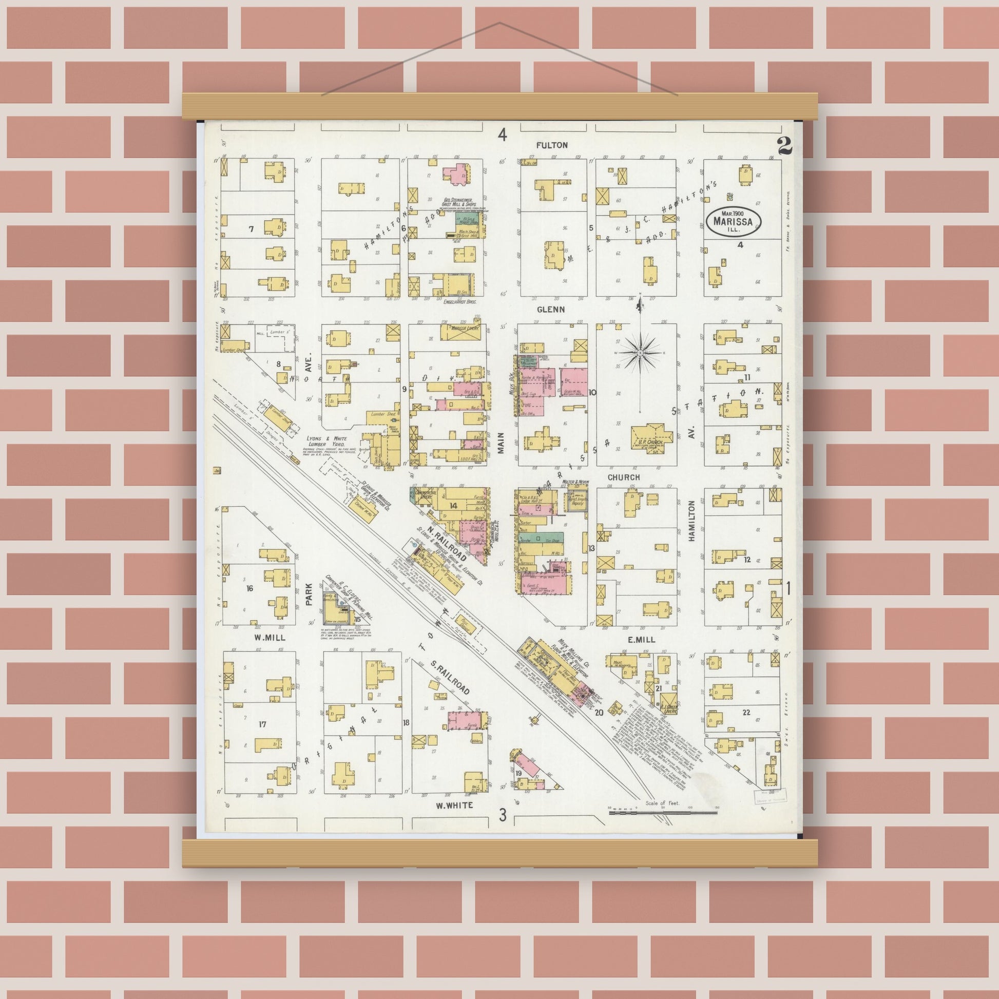 Old map wall art mockup — magnetic wood frame on brick wall — Sanborn Fire Insurance Map from Marissa, Saint Clair County, Illinois (1900), Sheet #0002
