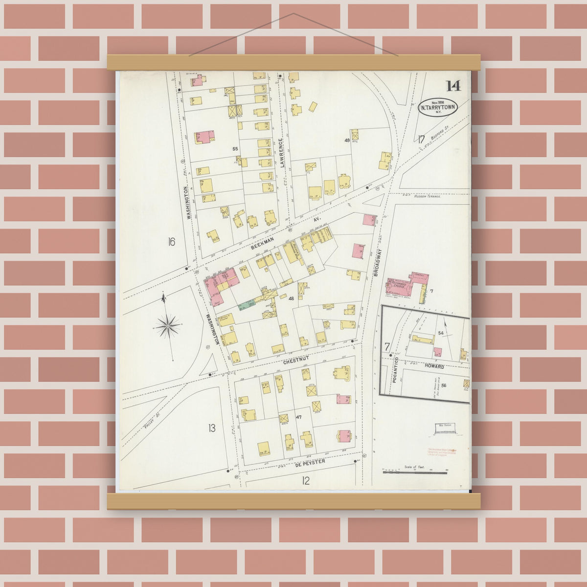 Old map wall art mockup — magnetic wood frame on brick wall — Sanborn Fire Insurance Map from Tarrytown, Westchester County, New York (1898), Sheet #0014