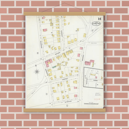 Old map wall art mockup — magnetic wood frame on brick wall — Sanborn Fire Insurance Map from Tarrytown, Westchester County, New York (1898), Sheet #0014