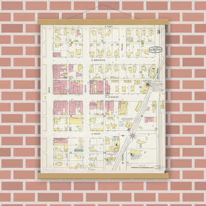 Old map wall art mockup — magnetic wood frame on brick wall — Sanborn Fire Insurance Map from Lebanon, Boone County, Indiana (1892), Sheet #0003