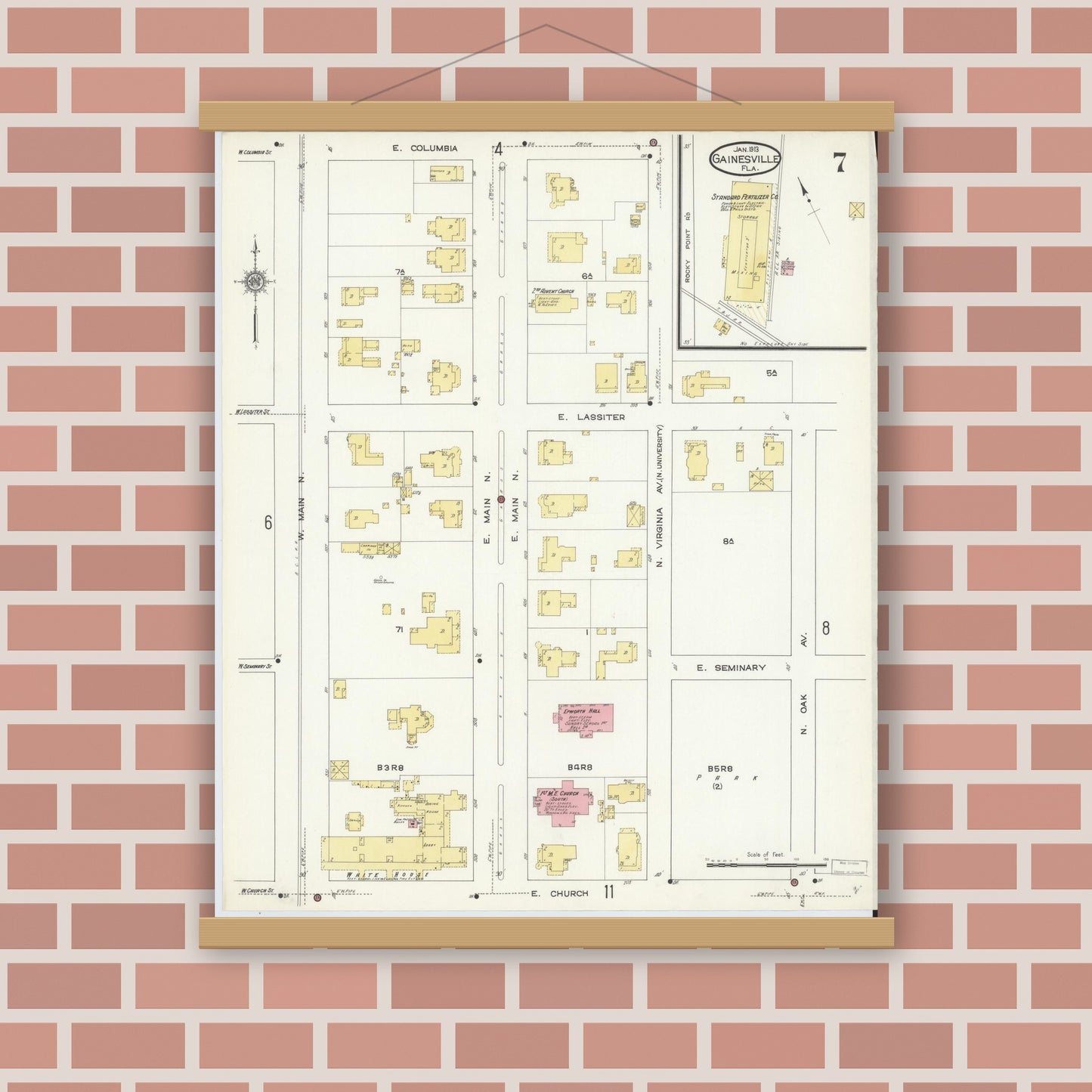 Old map wall art mockup — magnetic wood frame on brick wall — Sanborn Fire Insurance Map from Gainesville, Alachua County, Florida (1913), Sheet #0007