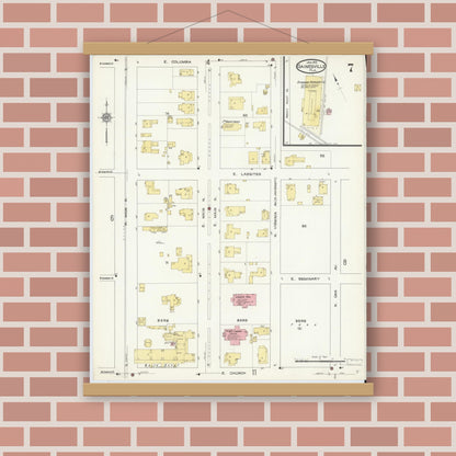 Old map wall art mockup — magnetic wood frame on brick wall — Sanborn Fire Insurance Map from Gainesville, Alachua County, Florida (1913), Sheet #0007