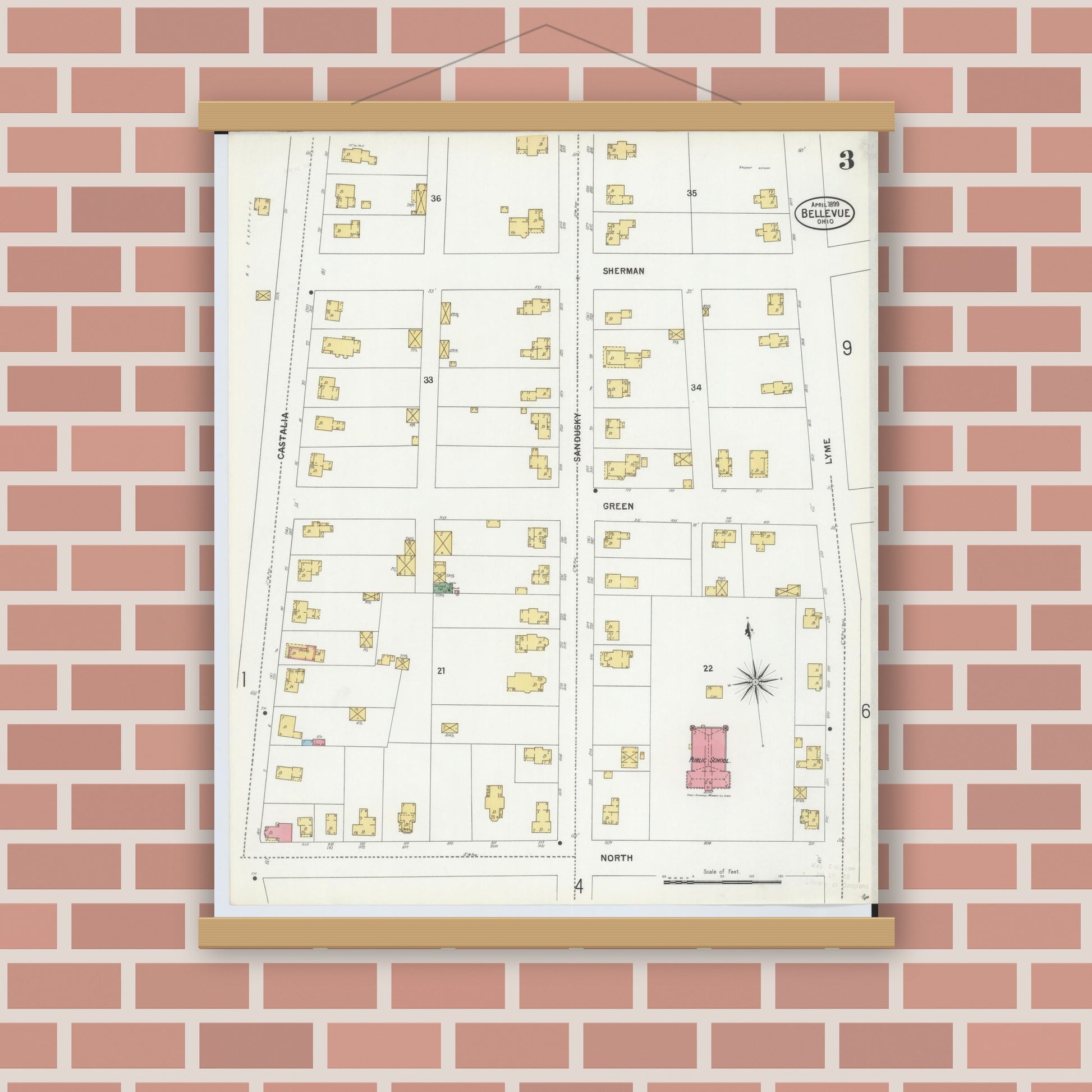 Old map wall art mockup — magnetic wood frame on brick wall — Sanborn Fire Insurance Map from Bellevue, Huron And Sandusky County, Ohio (1899), Sheet #0003