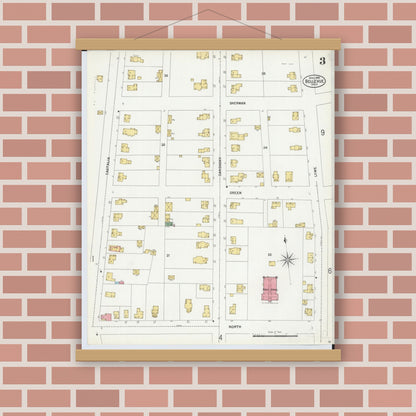 Old map wall art mockup — magnetic wood frame on brick wall — Sanborn Fire Insurance Map from Bellevue, Huron And Sandusky County, Ohio (1899), Sheet #0003