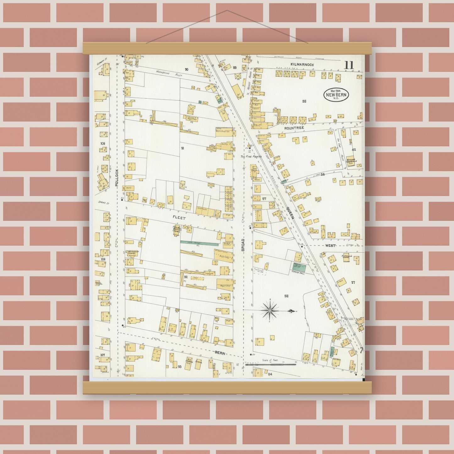 Old map wall art mockup — magnetic wood frame on brick wall — Sanborn Fire Insurance Map from New Bern, Craven County, North Carolina (1904), Sheet #0011