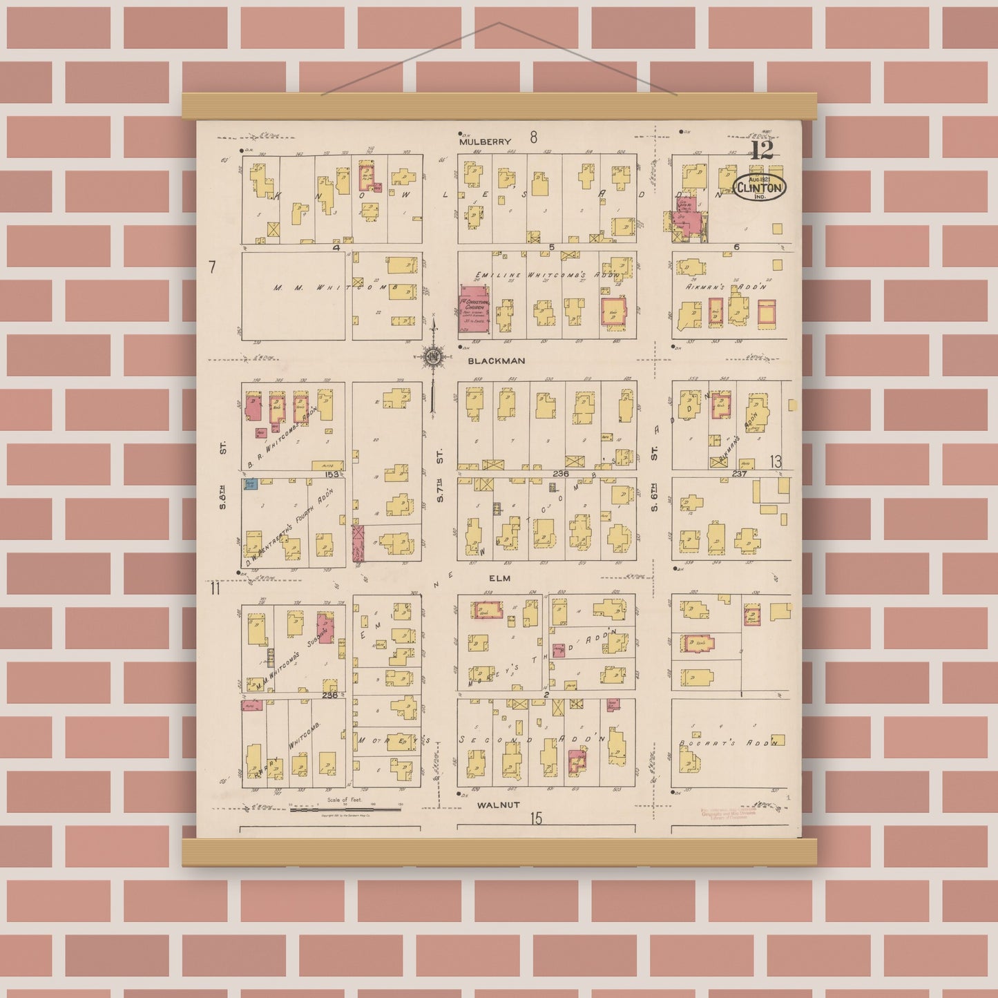 Old map wall art mockup — magnetic wood frame on brick wall — Sanborn Fire Insurance Map from Clinton, Vermillion County, Indiana (1921), Sheet #0012