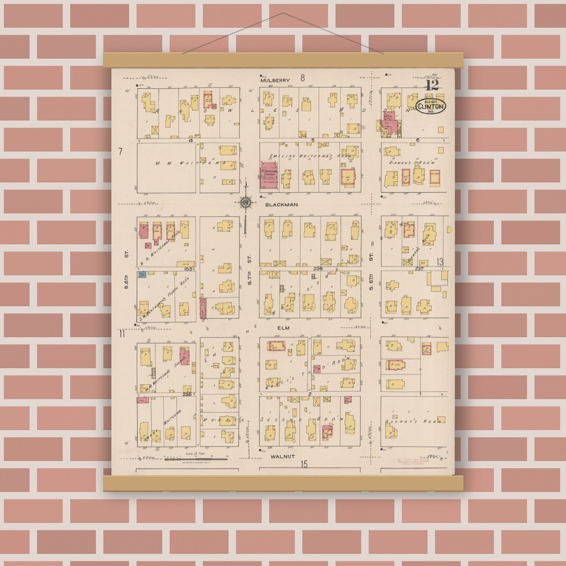Old map wall art mockup — magnetic wood frame on brick wall — Sanborn Fire Insurance Map from Clinton, Vermillion County, Indiana (1921), Sheet #0012