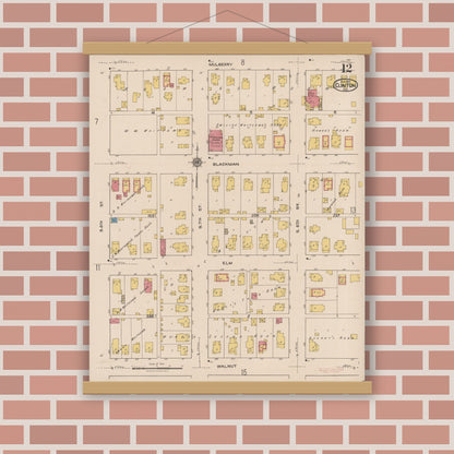 Old map wall art mockup — magnetic wood frame on brick wall — Sanborn Fire Insurance Map from Clinton, Vermillion County, Indiana (1921), Sheet #0012