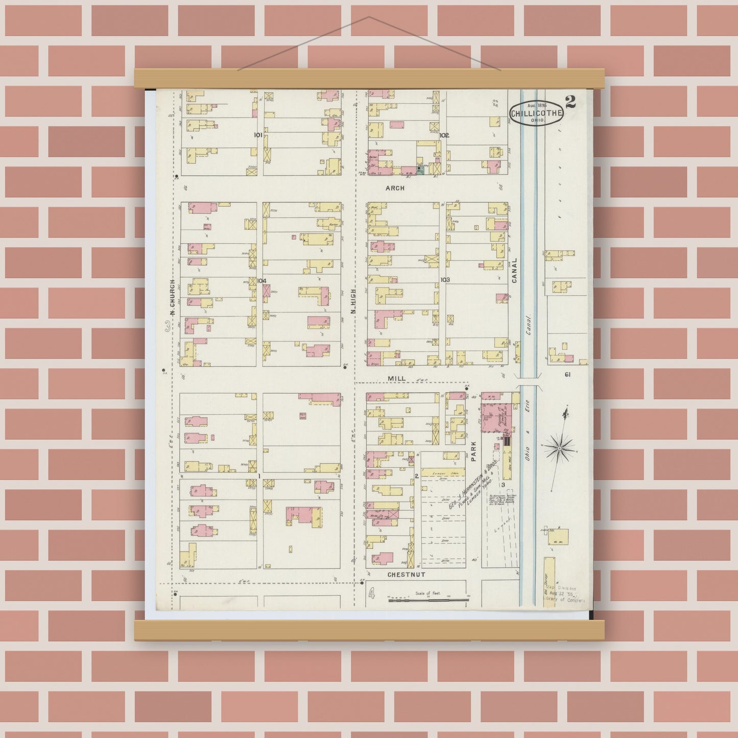 Old map wall art mockup — magnetic wood frame on brick wall — Sanborn Fire Insurance Map from Chillicothe, Ross County, Ohio (1895), Sheet #0002