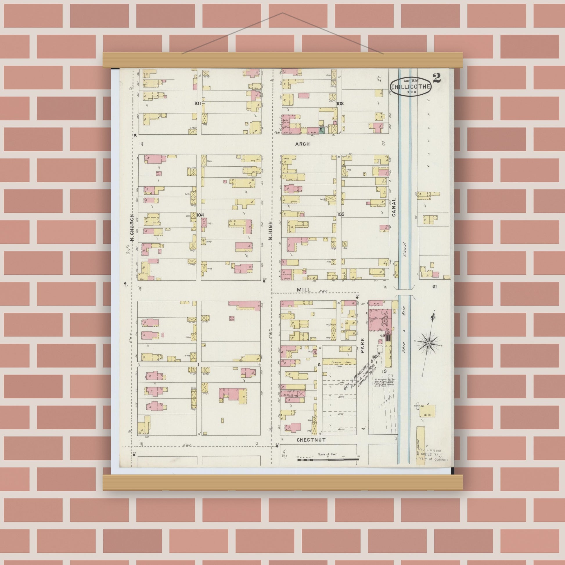 Old map wall art mockup — magnetic wood frame on brick wall — Sanborn Fire Insurance Map from Chillicothe, Ross County, Ohio (1895), Sheet #0002