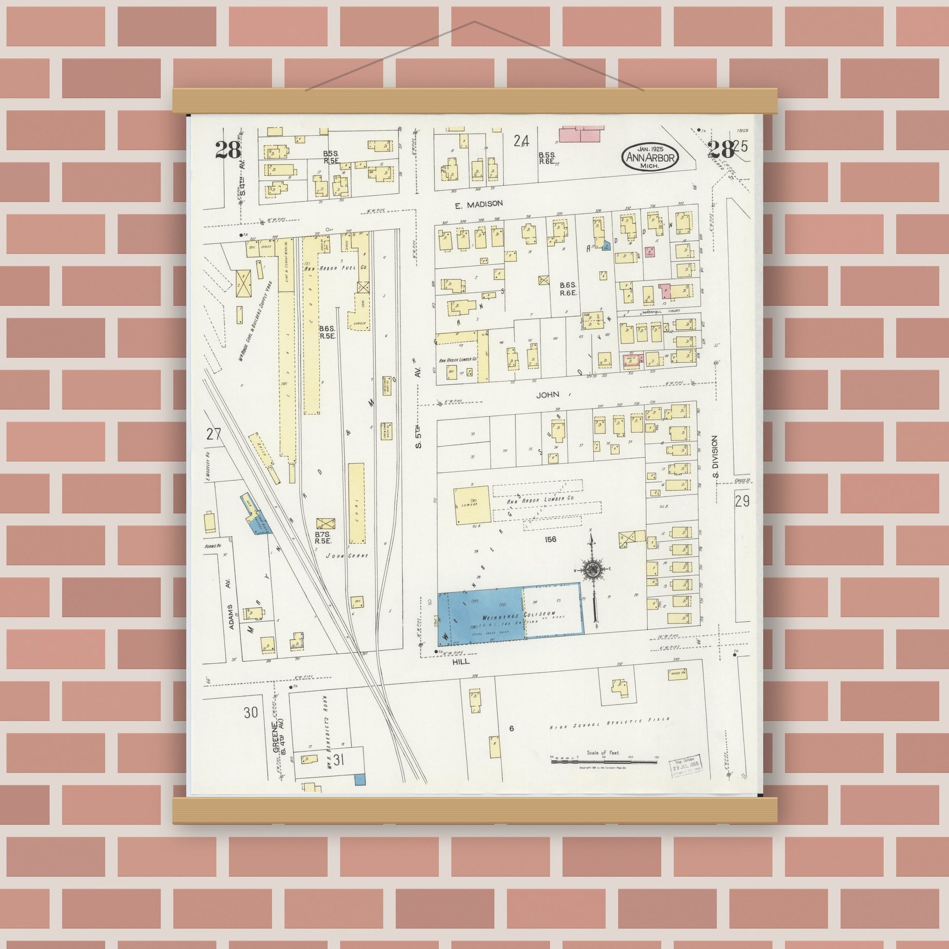 Old map wall art mockup — magnetic wood frame on brick wall — Sanborn Fire Insurance Map from Ann Arbor, Washtenaw County, Michigan (1925), Sheet #0028