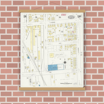 Old map wall art mockup — magnetic wood frame on brick wall — Sanborn Fire Insurance Map from Ann Arbor, Washtenaw County, Michigan (1925), Sheet #0028