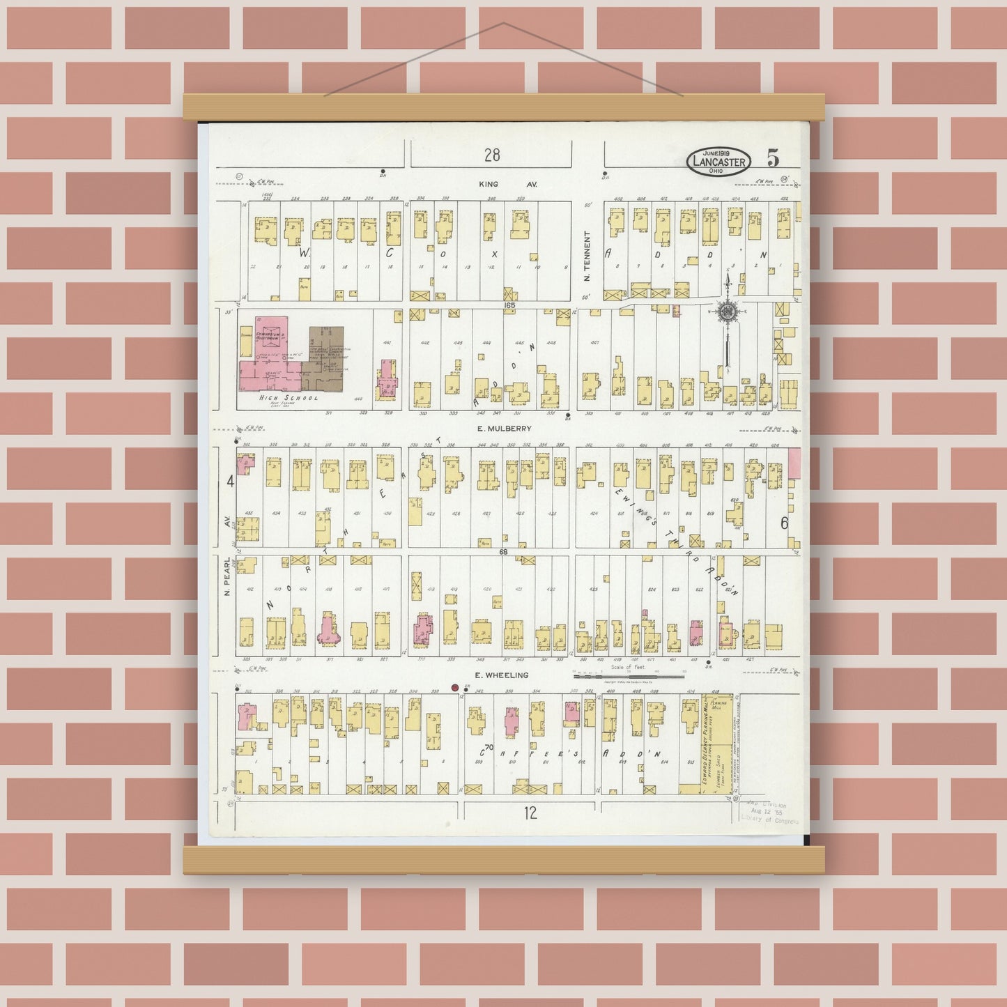 Old map wall art mockup — magnetic wood frame on brick wall — Sanborn Fire Insurance Map from Lancaster, Fairfield County, Ohio (1919), Sheet #0005