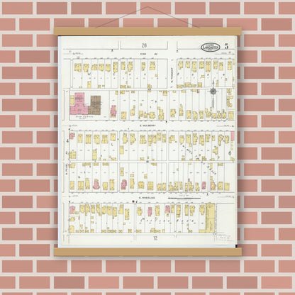 Old map wall art mockup — magnetic wood frame on brick wall — Sanborn Fire Insurance Map from Lancaster, Fairfield County, Ohio (1919), Sheet #0005