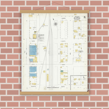 Old map wall art mockup — magnetic wood frame on brick wall — Sanborn Fire Insurance Map from Clifton, Bosque County, Texas (1905), Sheet #0003