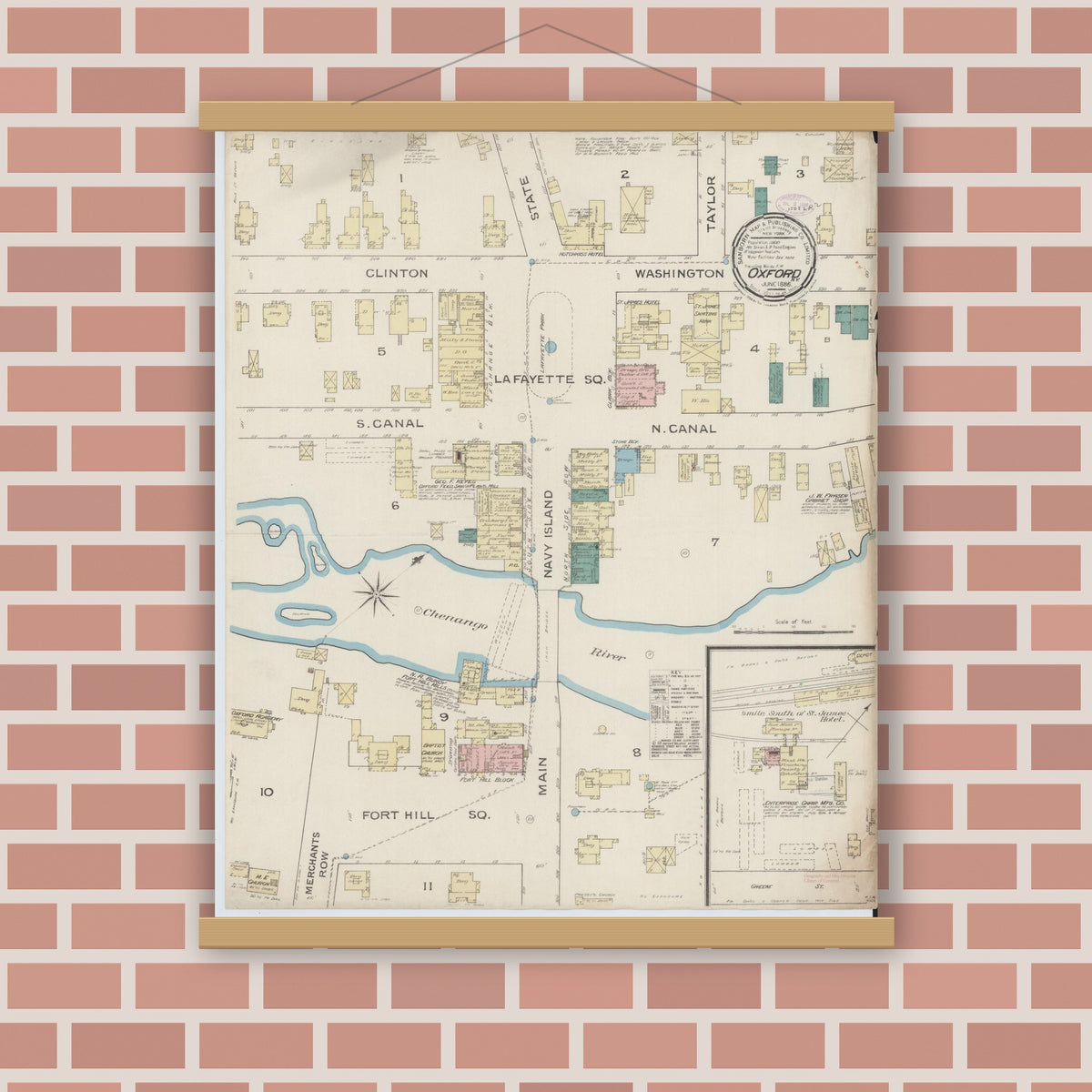 Old map wall art mockup — magnetic wood frame on brick wall — Sanborn Fire Insurance Map from Oxford, Chenango County, New York (1886), Sheet #0001