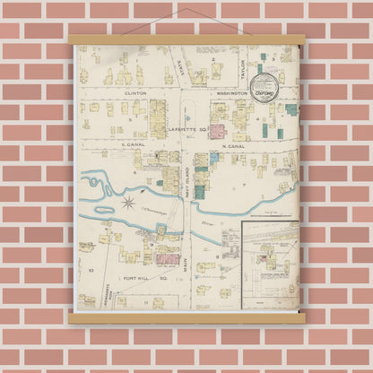 Old map wall art mockup — magnetic wood frame on brick wall — Sanborn Fire Insurance Map from Oxford, Chenango County, New York (1886), Sheet #0001