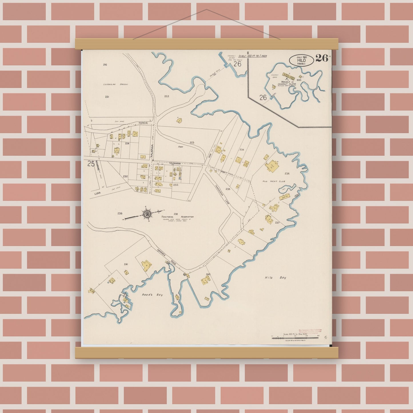 Old map wall art mockup — magnetic wood frame on brick wall — Sanborn Fire Insurance Map from Hilo, Hawaii County, Hawaii (1921), Sheet #0026