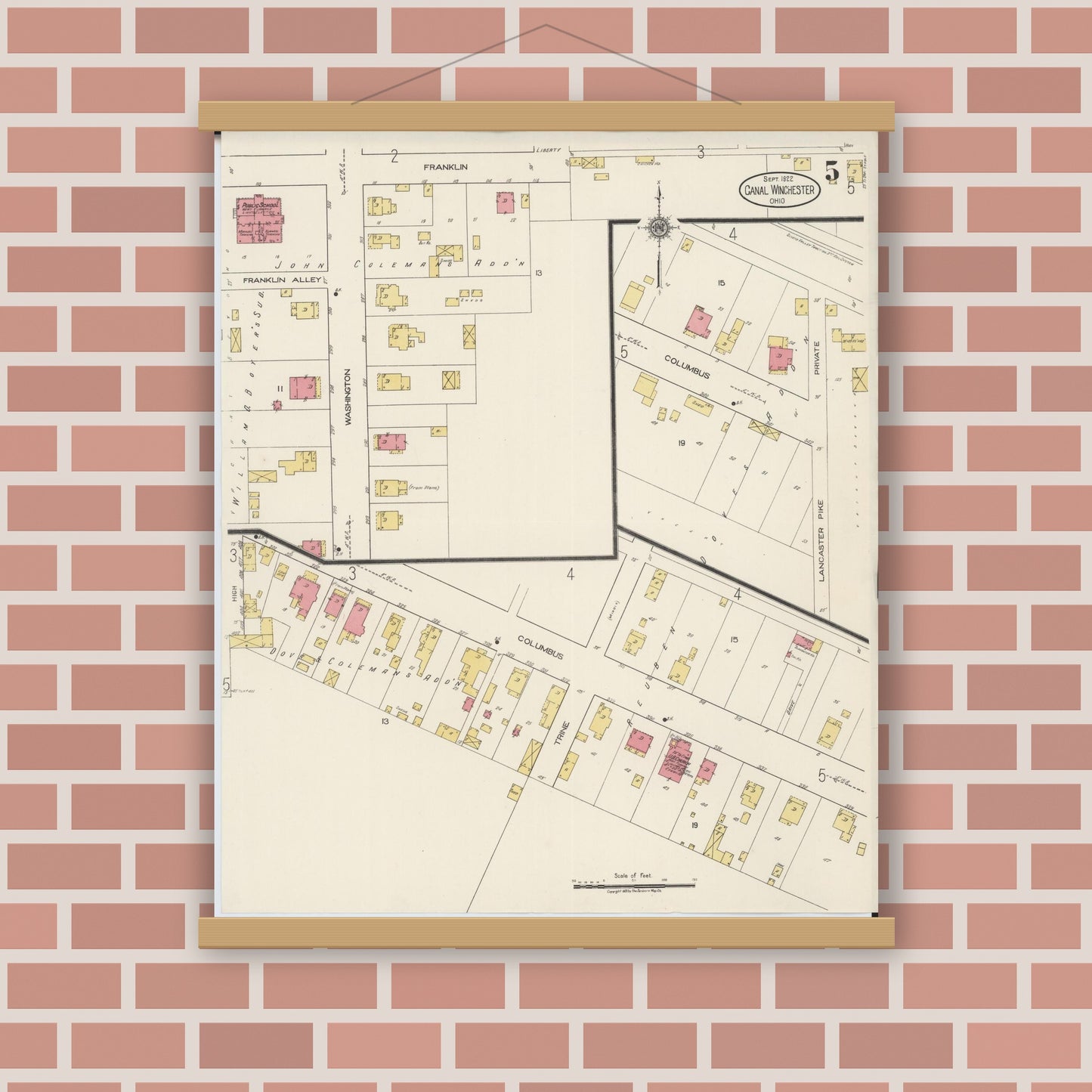 Old map wall art mockup — magnetic wood frame on brick wall — Sanborn Fire Insurance Map from Canal Winchester, Franklin County, Ohio (1922), Sheet #0005