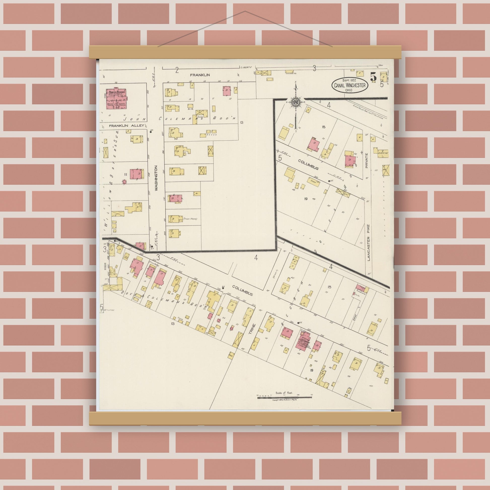 Old map wall art mockup — magnetic wood frame on brick wall — Sanborn Fire Insurance Map from Canal Winchester, Franklin County, Ohio (1922), Sheet #0005